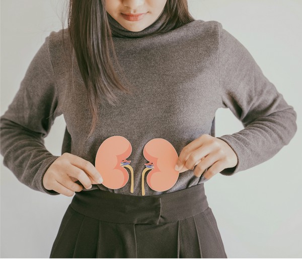 a woman holding a paper cut out of a human kidney