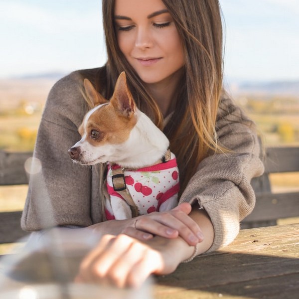 a woman with a dog on her lap