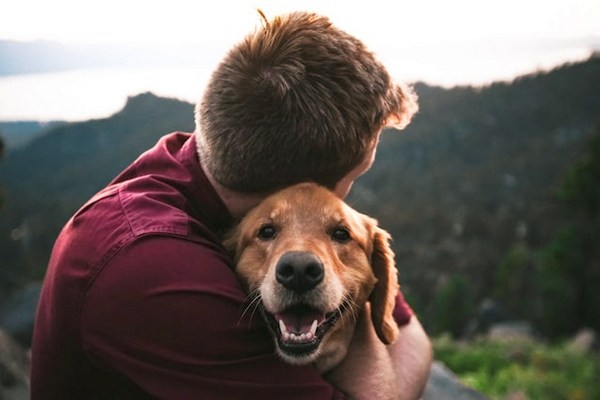 a man hugging a dog